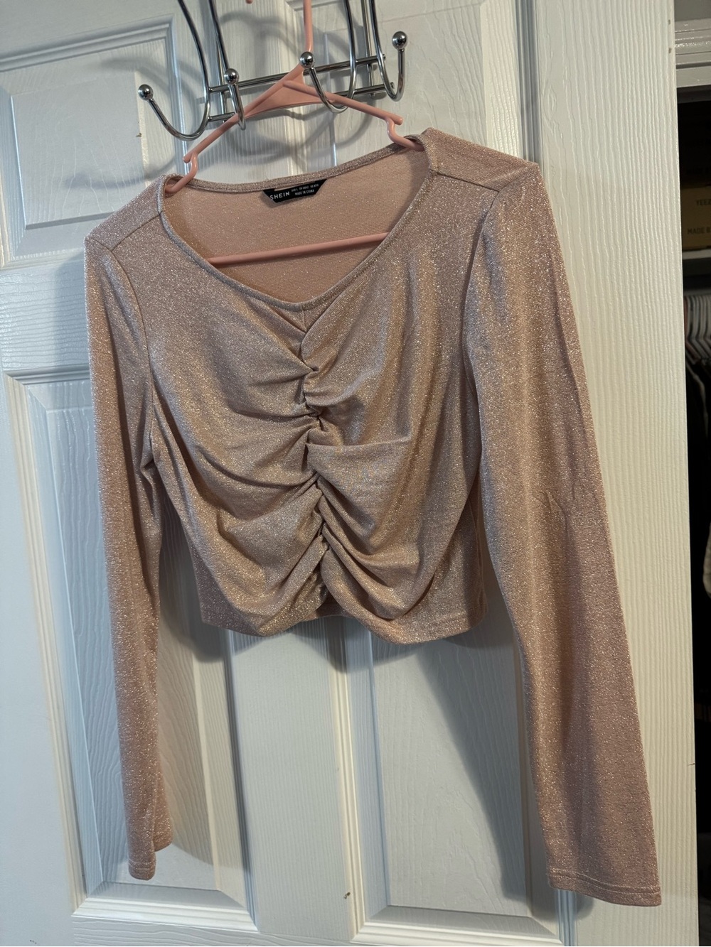 Shimmery Ruched Long-Sleeve Crop Top - Blush